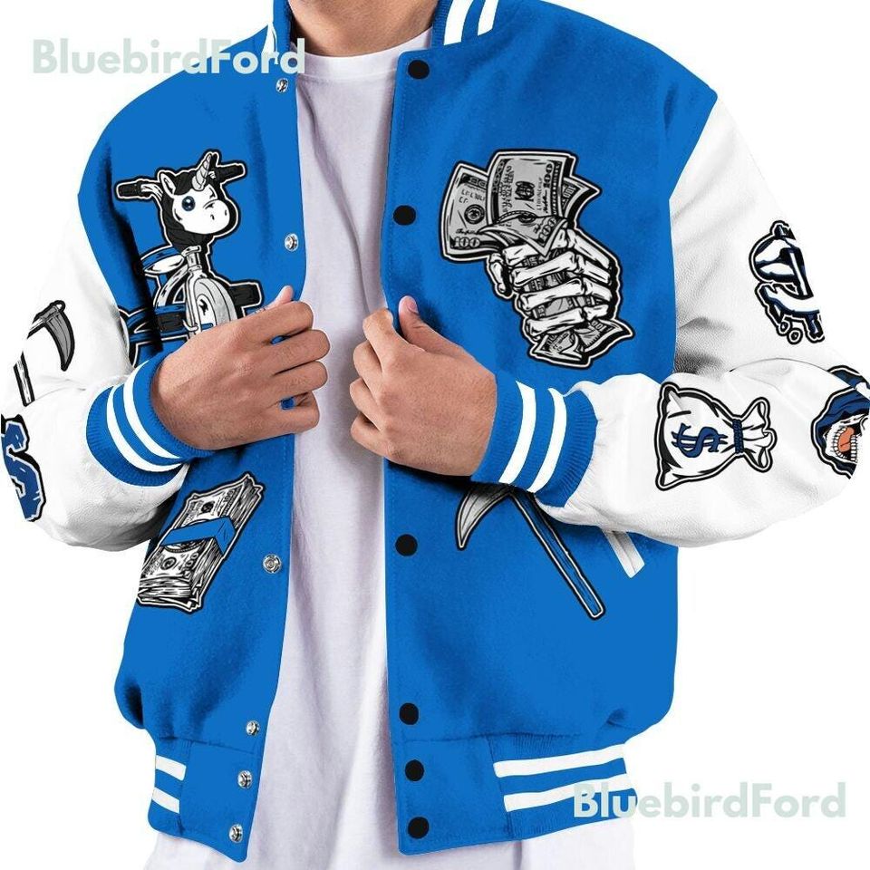 Dunkare Blueberry 12s Baseball Varsity Jacket - Self Make Skeleton All Over Print Letterman Jackets