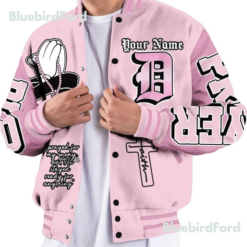 Dunkare Orchid 4s Baseball Varsity Jacket - Prayed For Enemies Graphic All Over Print Letterman Jackets