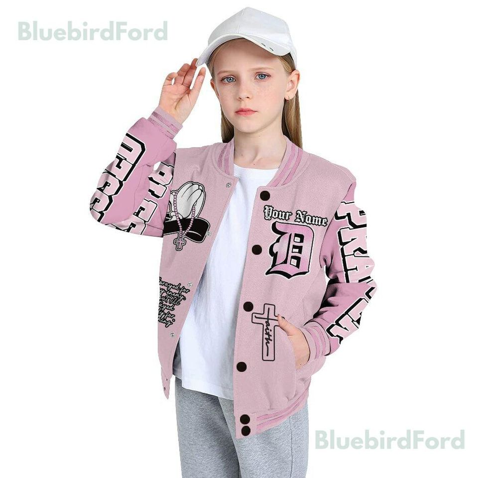Dunkare Orchid 4s Baseball Varsity Jacket - Prayed For Enemies Graphic All Over Print Letterman Jackets