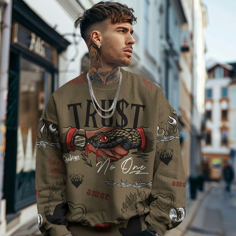 Dunkare Retro Olive 9s Sweater, 9 Olive Trust No One Sweater