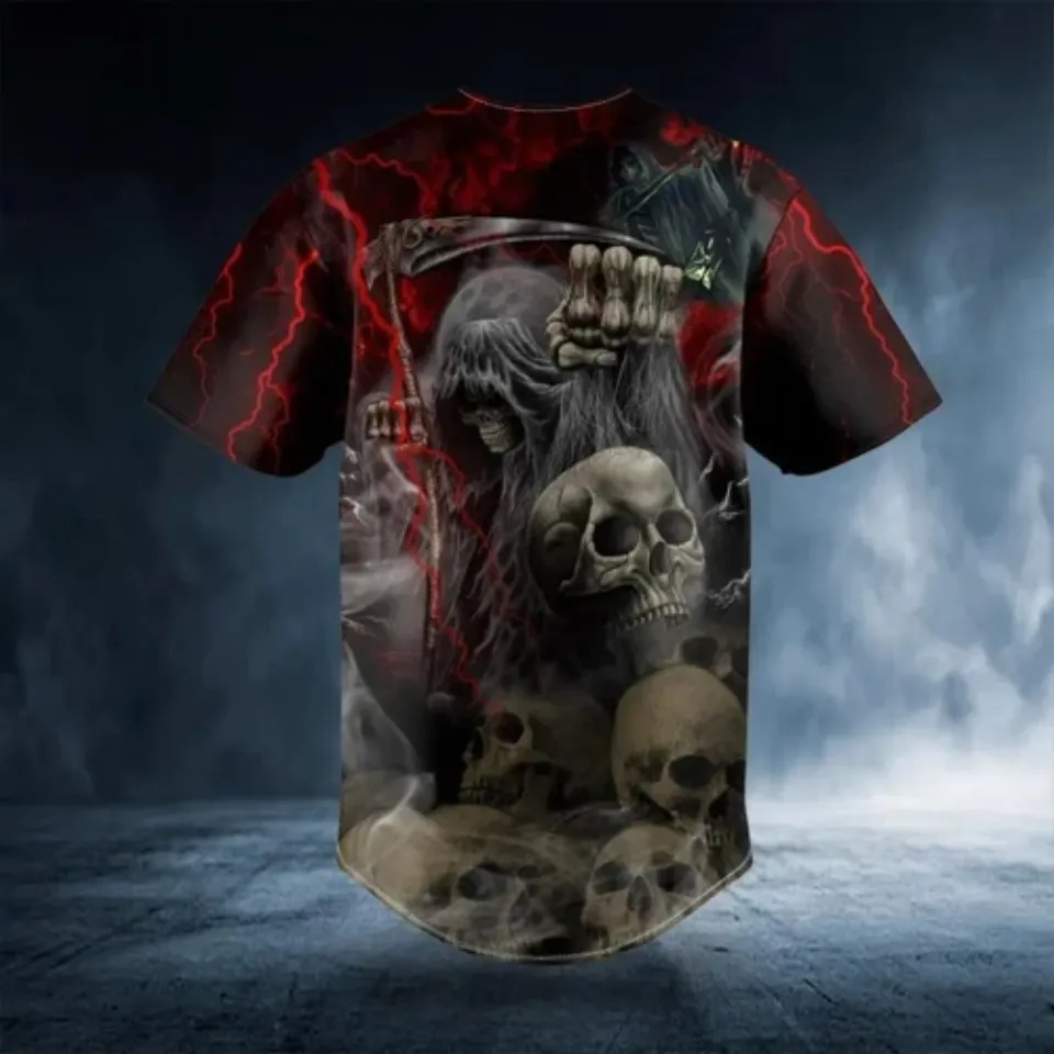 Red Lightning Grim Reaper The Hunt Skull Baseball Jersey