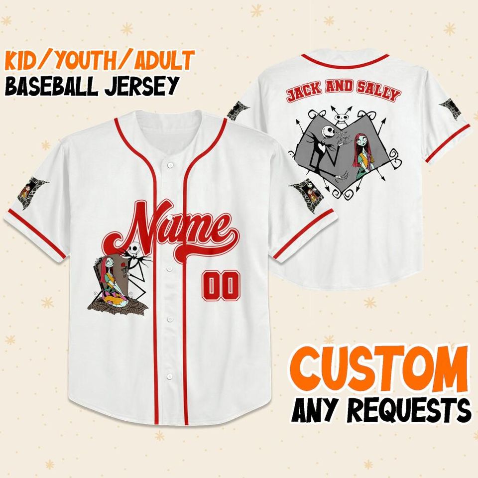 Personalized Jack and Sally Baseball Jersey for Valentine Day, Custom White Casey Jersey for Couples, Unique Gift, Family Vacation Team
