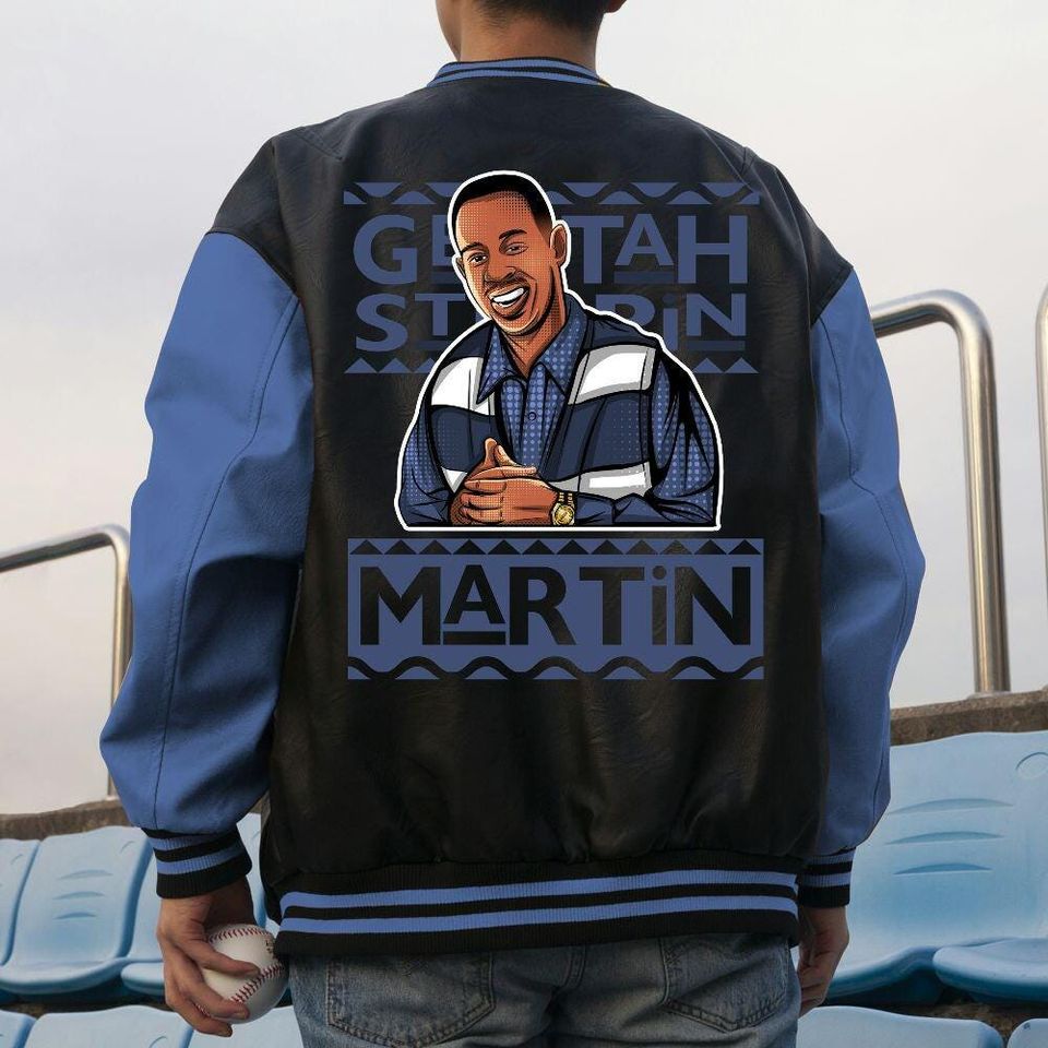 Custom  Blue Unisex Varsity Jacket, Martin Cartoon