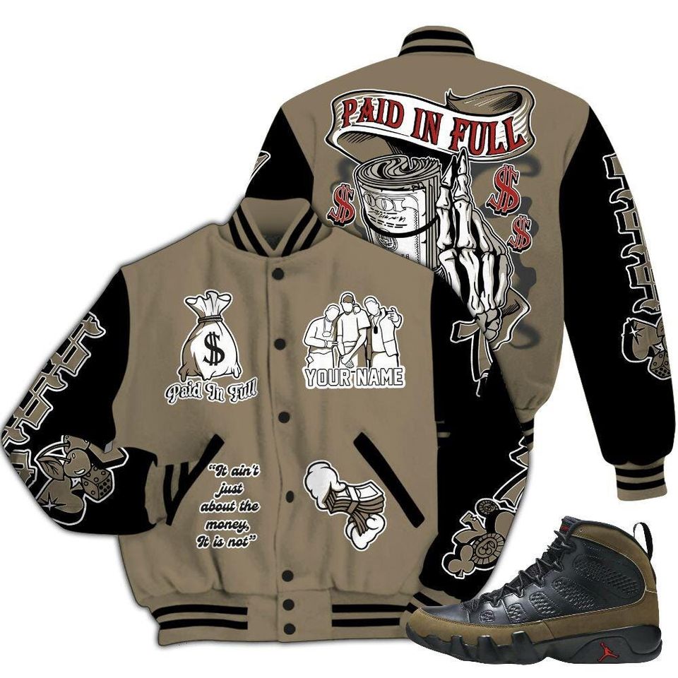 Olive 9s Varsity Jacket - Paid In Full Baseball Varsity Jacket