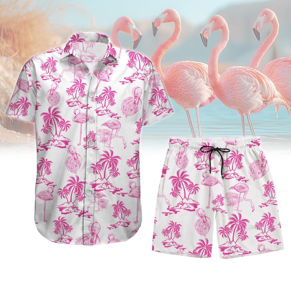 Flamingo Button Up Hawaiian Shirt and Shorts Set