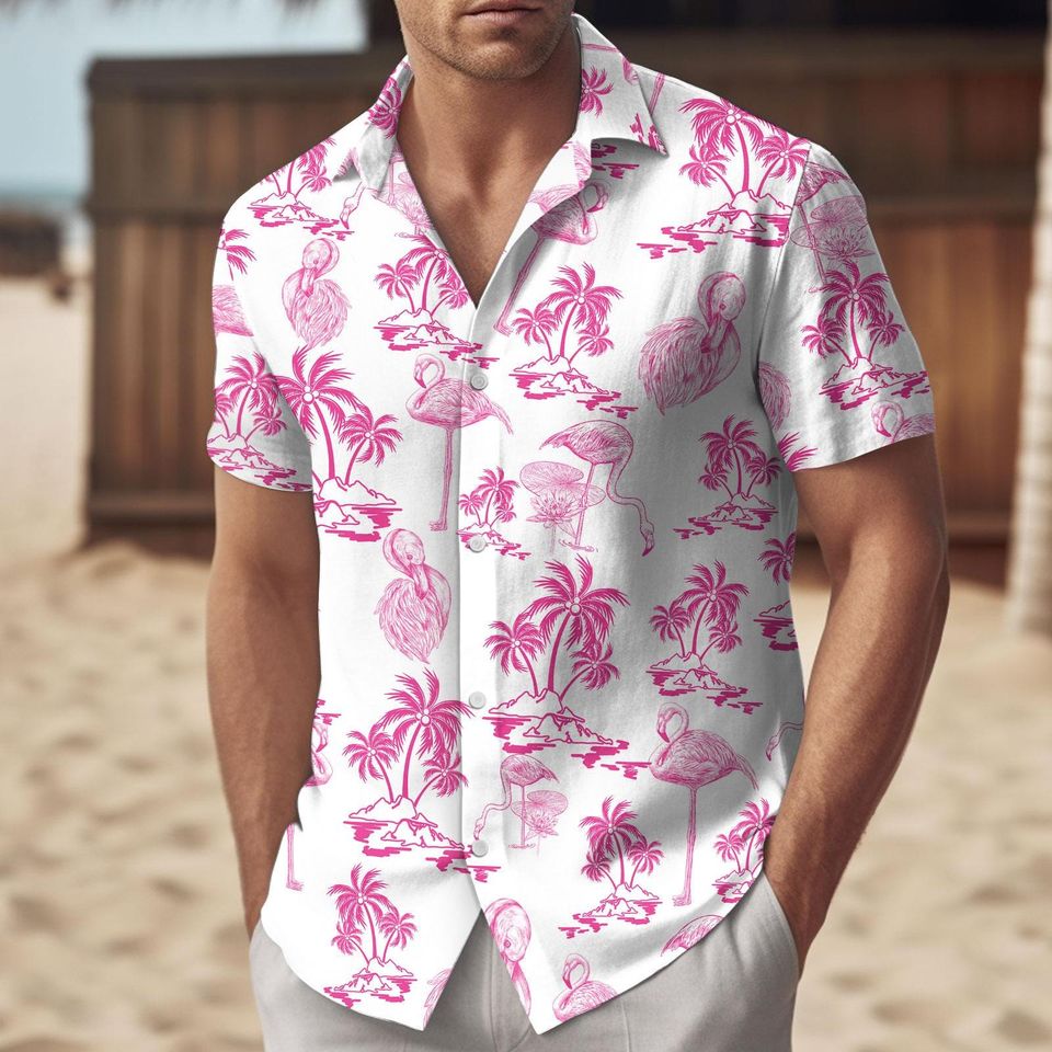 Flamingo Button Up Hawaiian Shirt and Shorts Set
