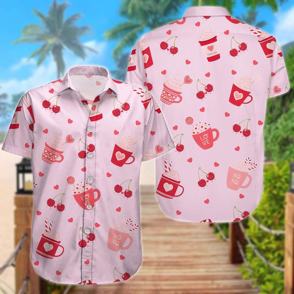 Cherry Love Coffee Button Shirt, Valentine Coquette Heart Hawaiian Shirt and Shorts Set