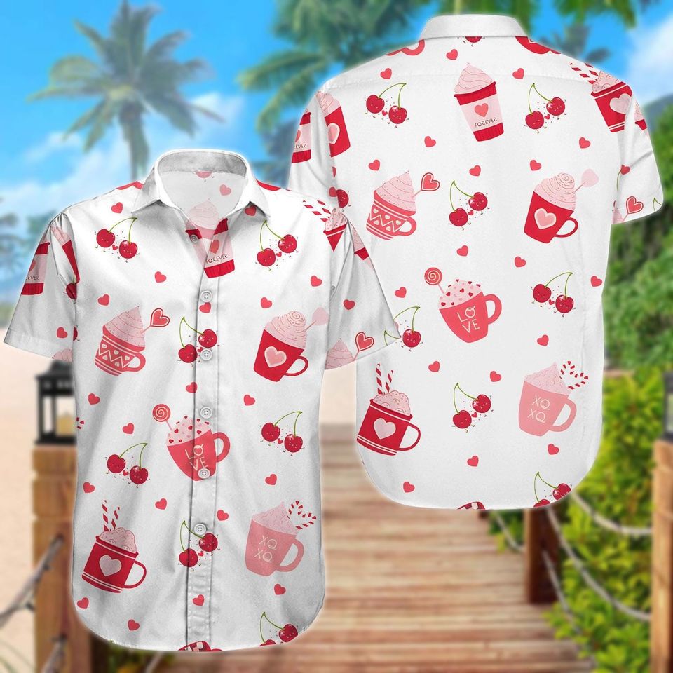 Cherry Love Coffee Button Shirt, Valentine Coquette Heart Hawaiian Shirt and Shorts Set