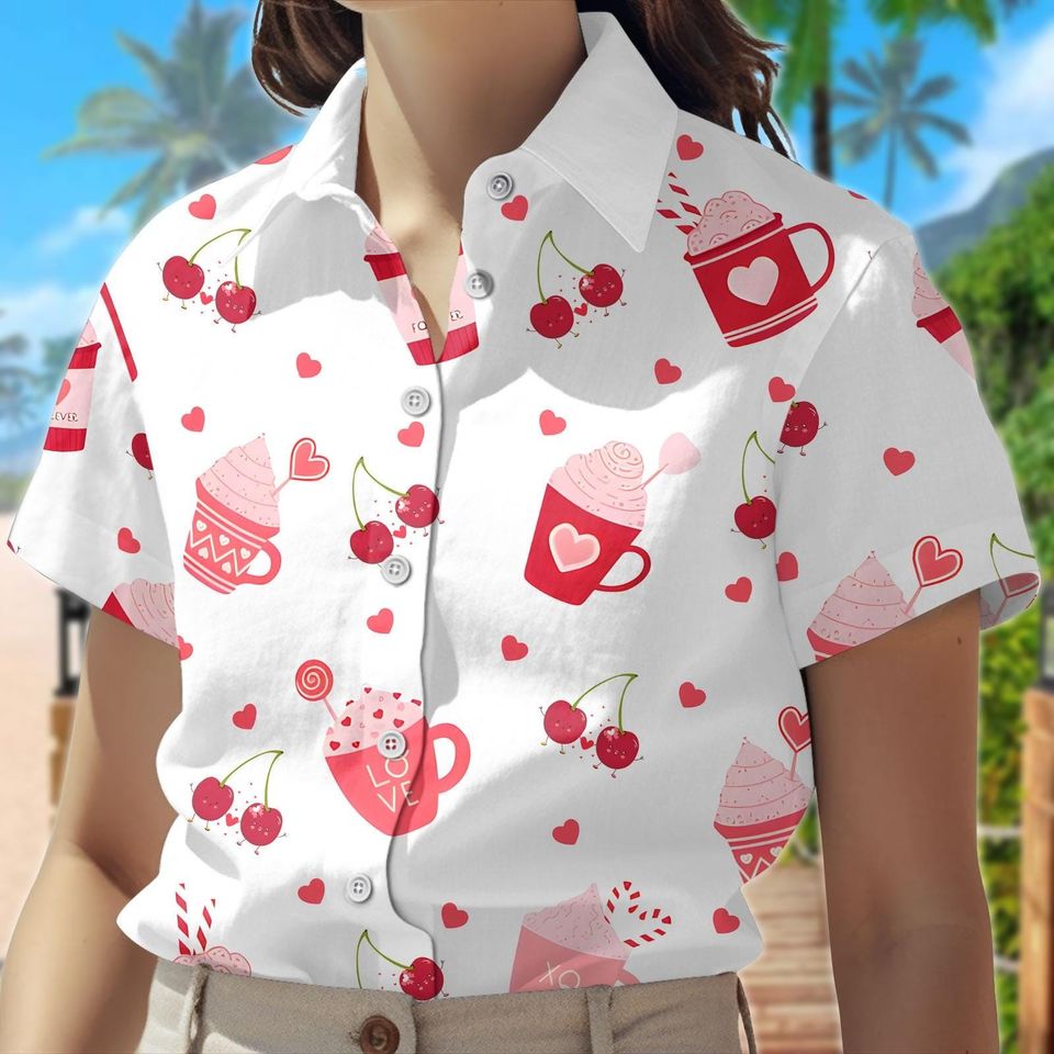 Cherry Love Coffee Button Shirt, Valentine Coquette Heart Hawaiian Shirt and Shorts Set