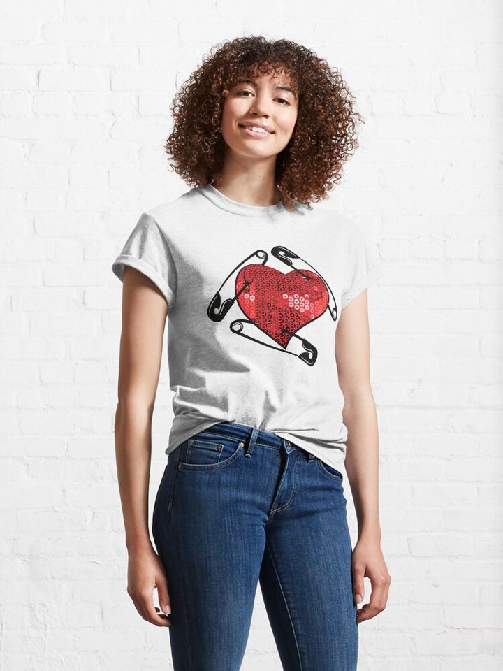 Red sequin print safety pin T-Shirt, Valentine T-Shirt