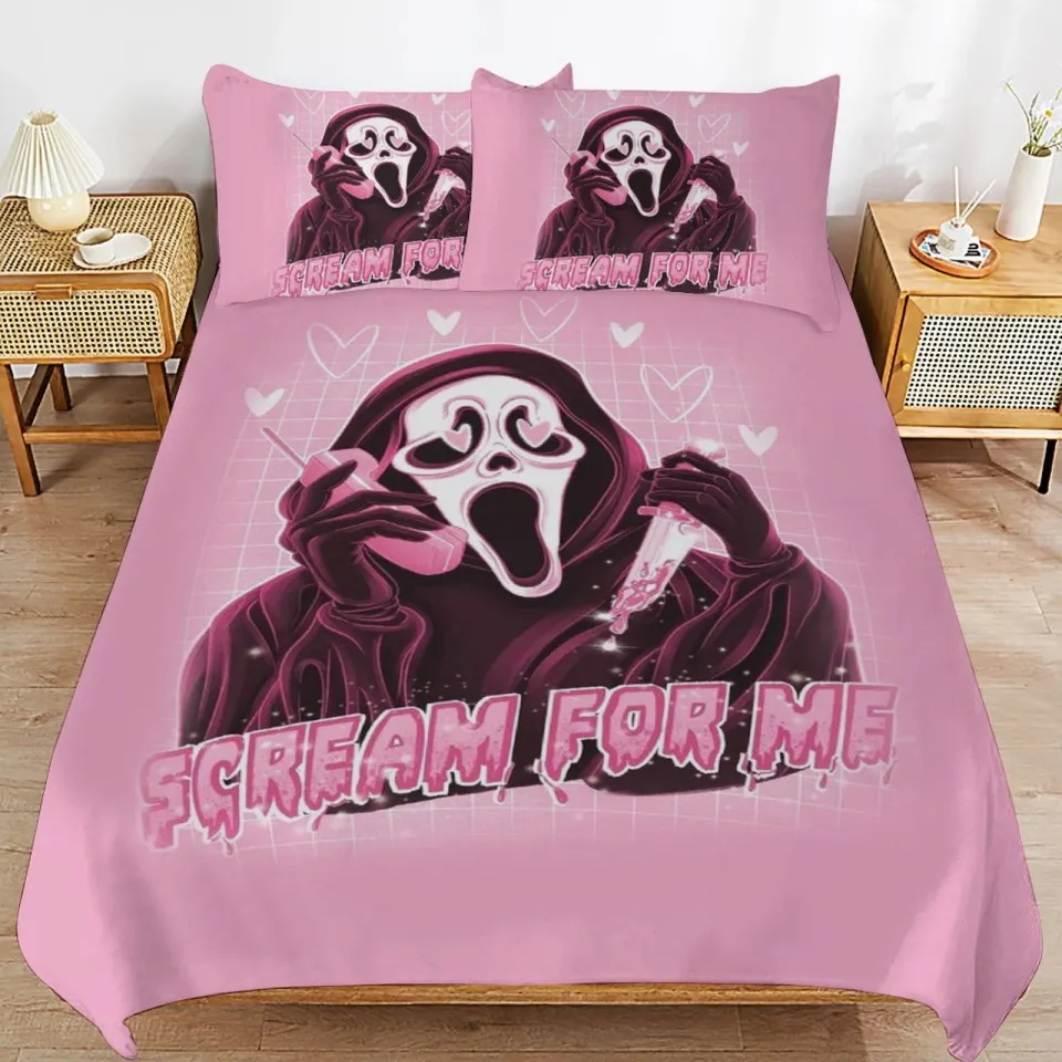 Ghostface Calling Scream For Me Happy Valentine's Day Pink Themed Bedding Set