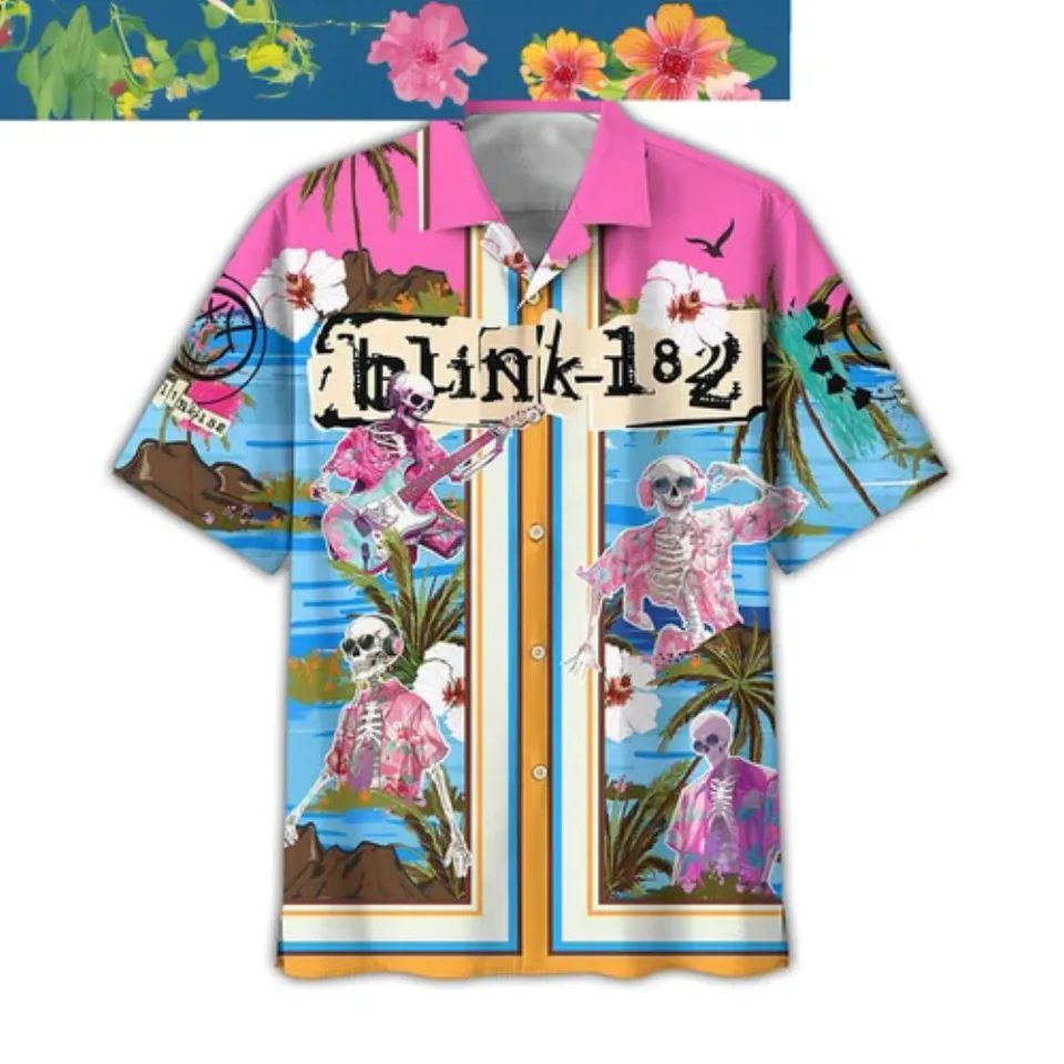 B182 Dancing Skull Surfing Beach Hibiscus Blue Hawaiian Shirts
