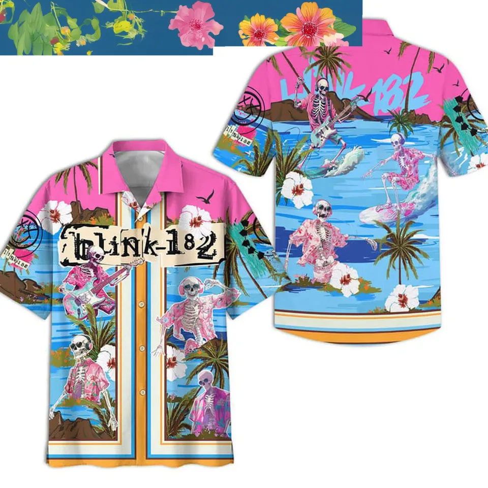 B182 Dancing Skull Surfing Beach Hibiscus Blue Hawaiian Shirts