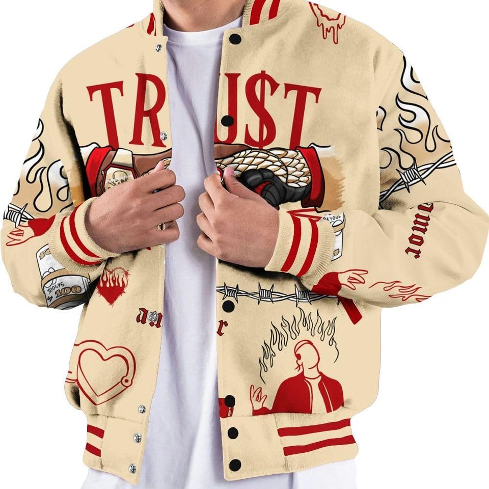 Dunkare Dunk Low Strawberry Waffle Varsity Jacket, Streetwear Varsity Jacket, Snake Trust No One All Over Print Baseball Varsity Jacket