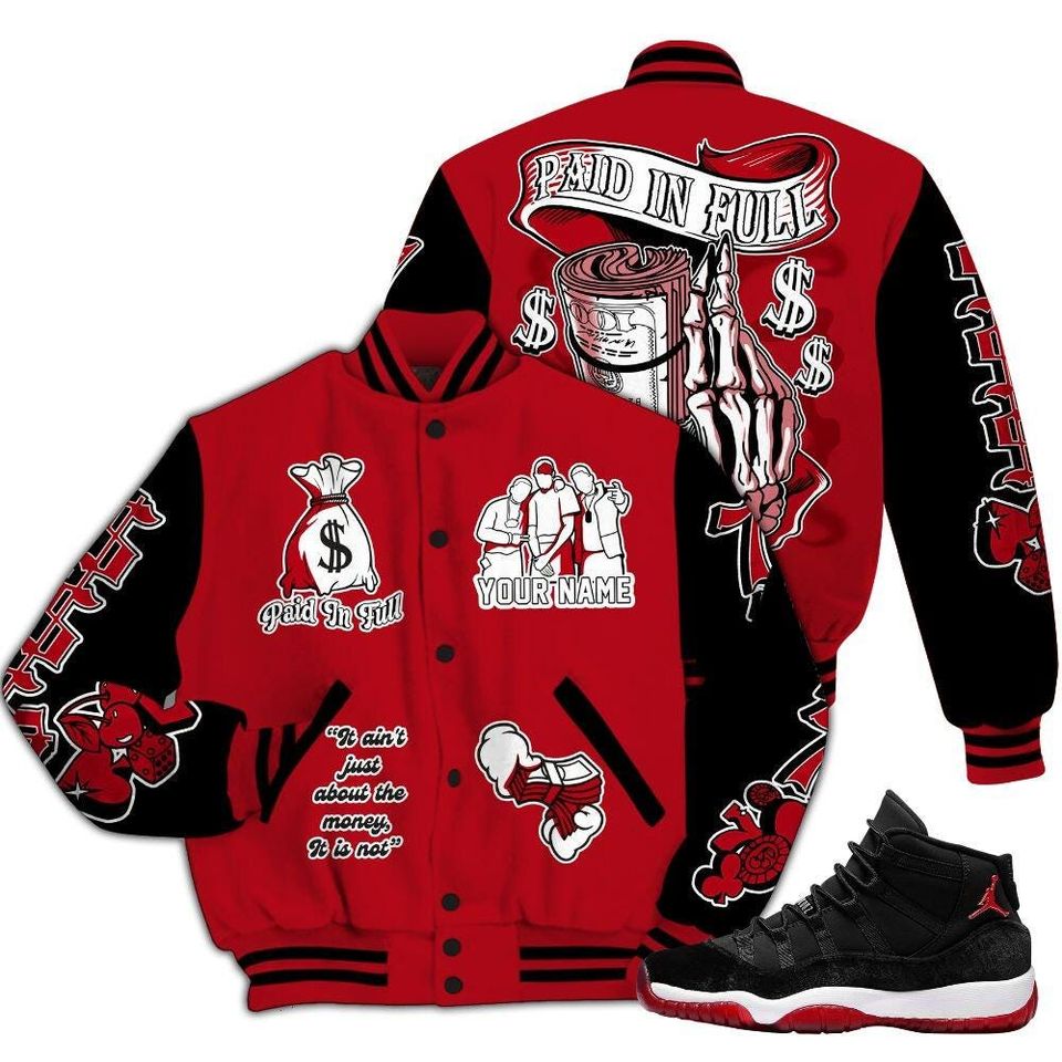 Bred Velvet 11s Varsity Jacket, Streetwear Varsity Jacket, Hip Hop Varsity Jacket, Paid In Full Baseball Varsity Jacket Custom Name Varsity Jackets