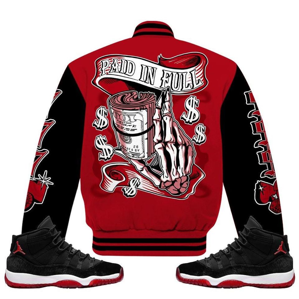Bred Velvet 11s Varsity Jacket, Streetwear Varsity Jacket, Hip Hop Varsity Jacket, Paid In Full Baseball Varsity Jacket Custom Name Varsity Jackets