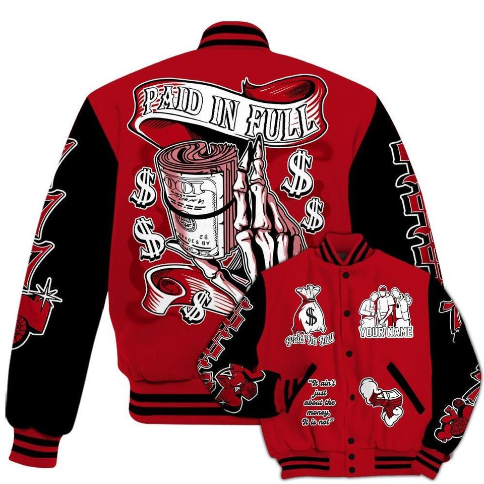 Bred Velvet 11s Varsity Jacket, Streetwear Varsity Jacket, Hip Hop Varsity Jacket, Paid In Full Baseball Varsity Jacket Custom Name Varsity Jackets