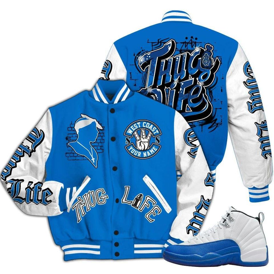 Blueberry 12s Varsity Jacket, Streetwear Varsity Jacket, Hip Hop Varsity Jacket, Free Thug Living Custom Name Baseball Varsity Jacket