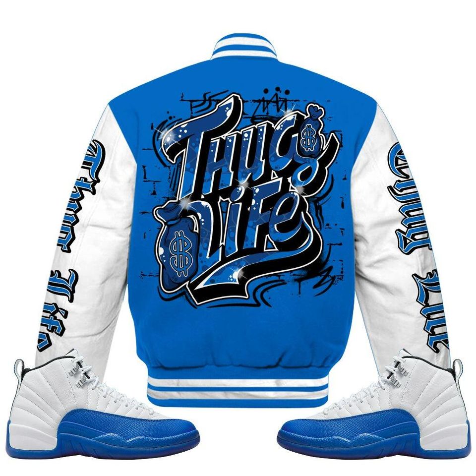 Blueberry 12s Varsity Jacket, Streetwear Varsity Jacket, Hip Hop Varsity Jacket, Free Thug Living Custom Name Baseball Varsity Jacket