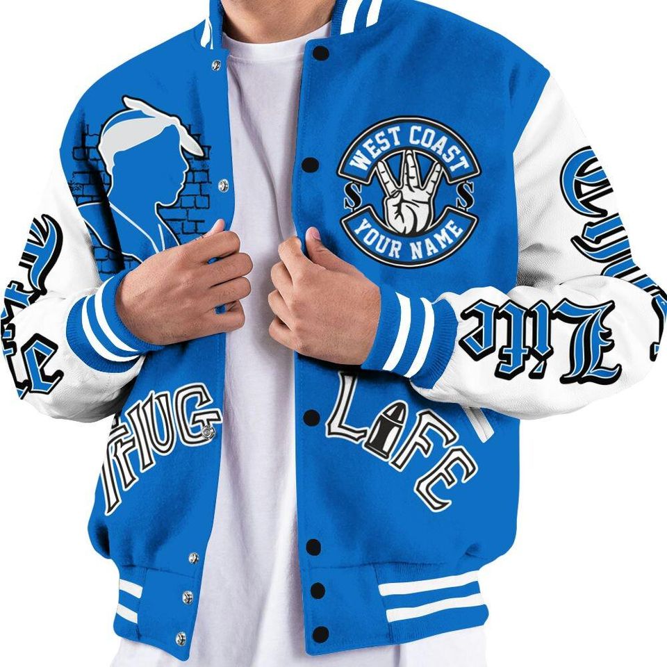 Blueberry 12s Varsity Jacket, Streetwear Varsity Jacket, Hip Hop Varsity Jacket, Free Thug Living Custom Name Baseball Varsity Jacket