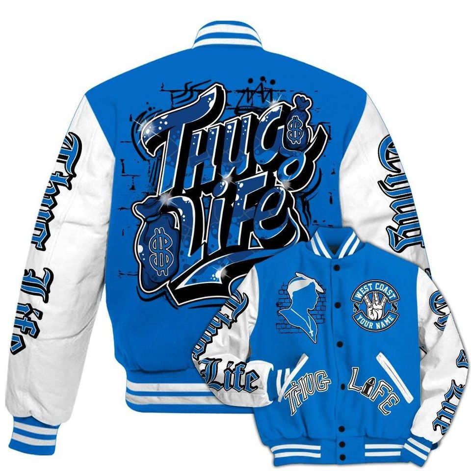Blueberry 12s Varsity Jacket, Streetwear Varsity Jacket, Hip Hop Varsity Jacket, Free Thug Living Custom Name Baseball Varsity Jacket
