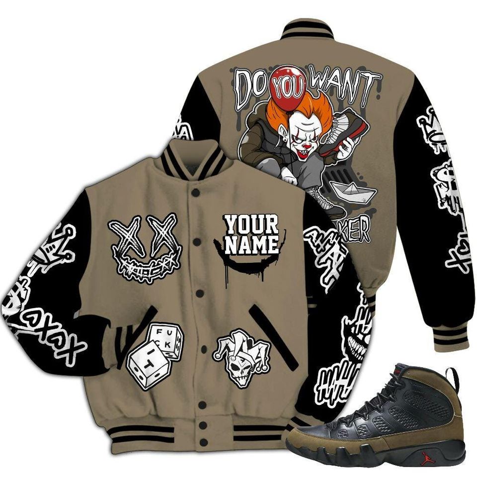 Olive 9s Varsity Jacket, Streetwear Varsity Jacket, Hip Hop Varsity Jacket, Clown Scary Sneakers Graphic Varsity Jackets