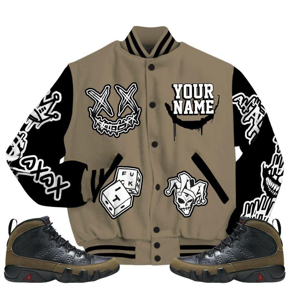 Olive 9s Varsity Jacket, Streetwear Varsity Jacket, Hip Hop Varsity Jacket, Clown Scary Sneakers Graphic Varsity Jackets