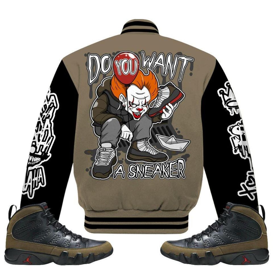 Olive 9s Varsity Jacket, Streetwear Varsity Jacket, Hip Hop Varsity Jacket, Clown Scary Sneakers Graphic Varsity Jackets