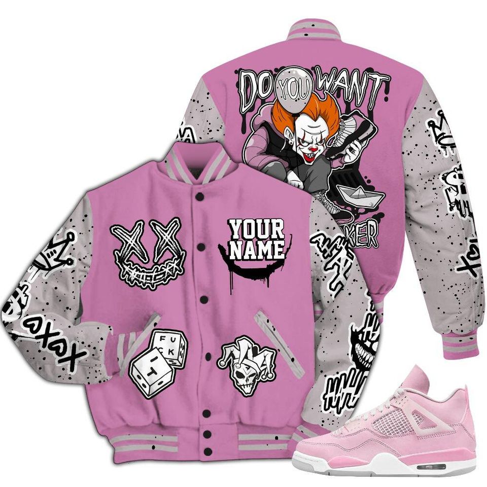 Neutral Grey Black White Orchid 4s Varsity Jacket, Streetwear Varsity Jacket, Hip Hop Varsity Jacket, Clown Scary Sneakers Graphic Varsity Jackets