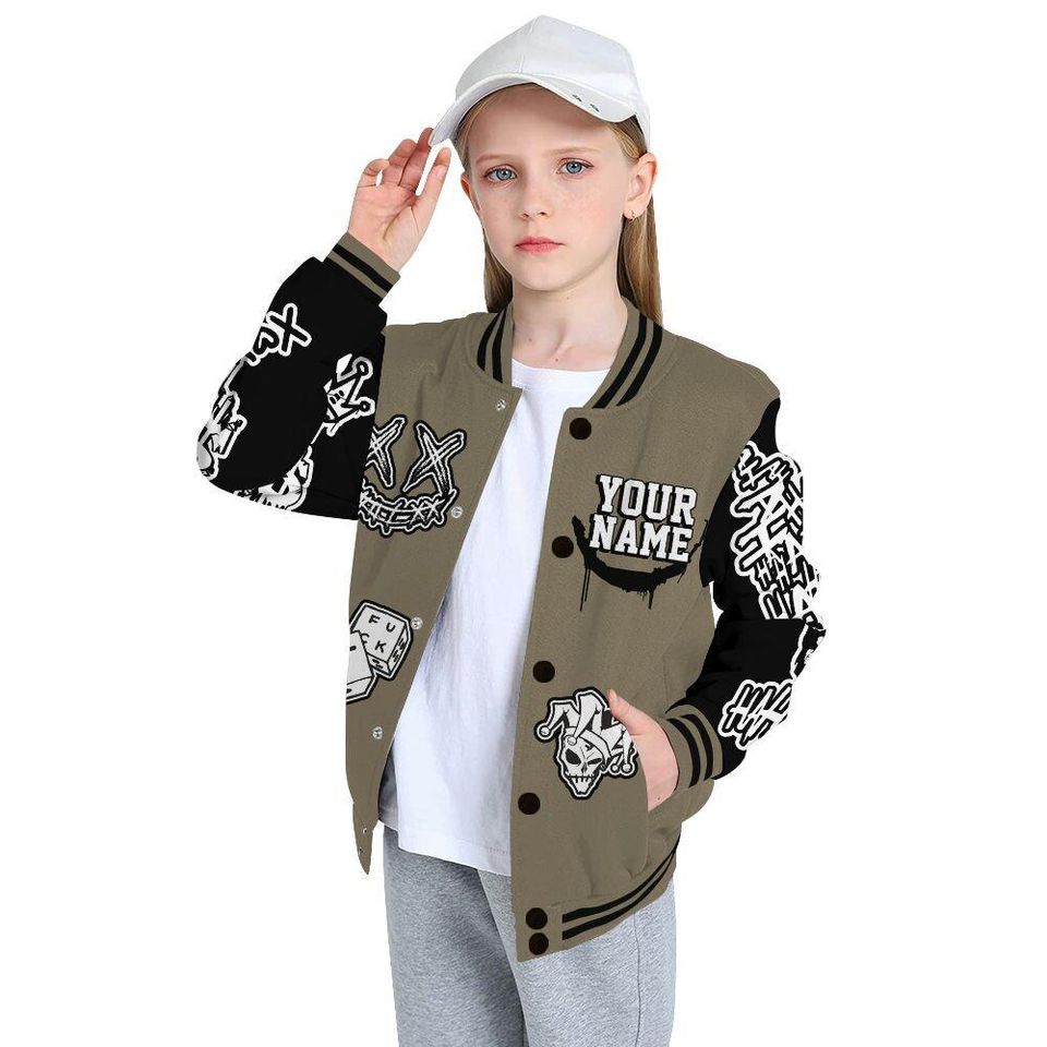 Olive 9s Varsity Jacket, Streetwear Varsity Jacket, Hip Hop Varsity Jacket, Clown Scary Sneakers Graphic Varsity Jackets