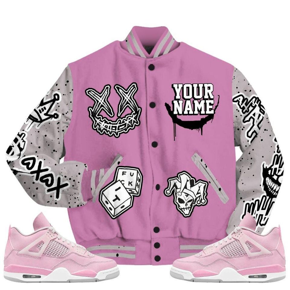 Neutral Grey Black White Orchid 4s Varsity Jacket, Streetwear Varsity Jacket, Hip Hop Varsity Jacket, Clown Scary Sneakers Graphic Varsity Jackets