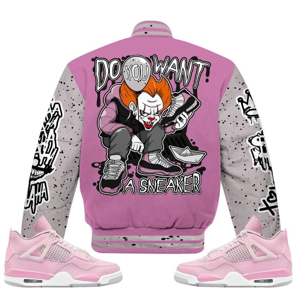 Neutral Grey Black White Orchid 4s Varsity Jacket, Streetwear Varsity Jacket, Hip Hop Varsity Jacket, Clown Scary Sneakers Graphic Varsity Jackets