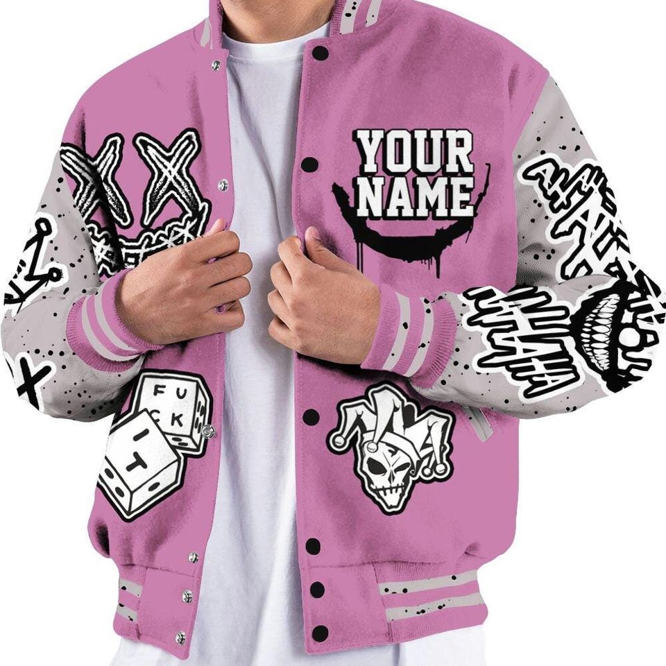 Neutral Grey Black White Orchid 4s Varsity Jacket, Streetwear Varsity Jacket, Hip Hop Varsity Jacket, Clown Scary Sneakers Graphic Varsity Jackets