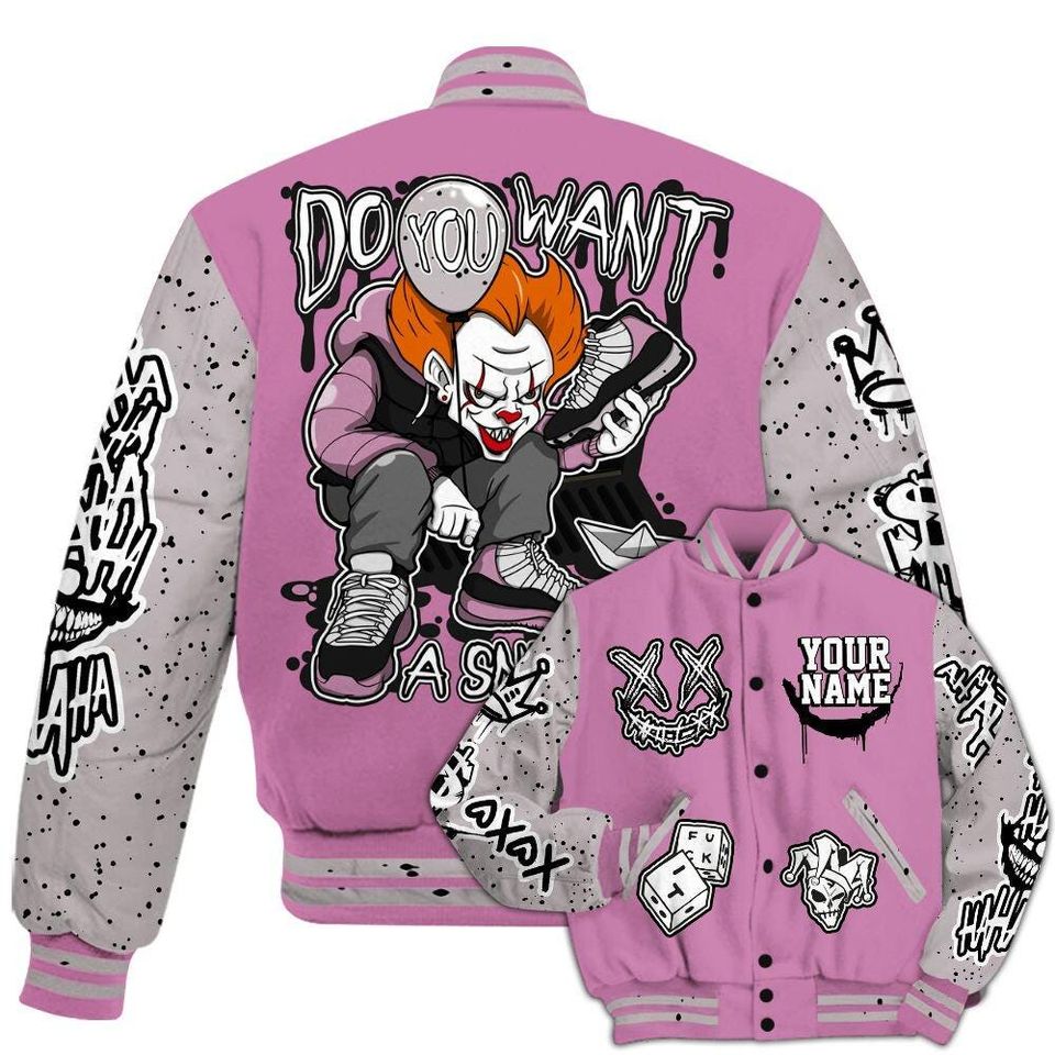 Neutral Grey Black White Orchid 4s Varsity Jacket, Streetwear Varsity Jacket, Hip Hop Varsity Jacket, Clown Scary Sneakers Graphic Varsity Jackets
