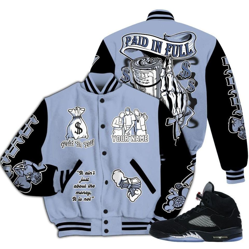 Black Metallic 5s Varsity Jacket, Streetwear Varsity Jacket, Hip Hop Varsity Jacket, Paid In Full Baseball Varsity Jacket Custom Name Varsity Jackets