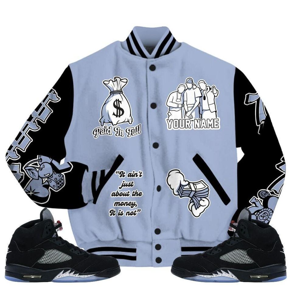 Black Metallic 5s Varsity Jacket, Streetwear Varsity Jacket, Hip Hop Varsity Jacket, Paid In Full Baseball Varsity Jacket Custom Name Varsity Jackets