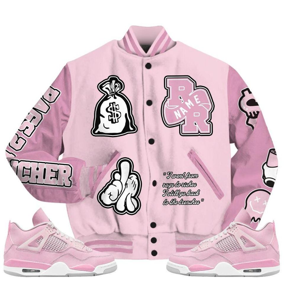 Orchid 4s Varsity Jacket, Streetwear Varsity Jacket, Hip Hop Varsity Jacket, Rag 2 Rich Graphic Varsity Jackets