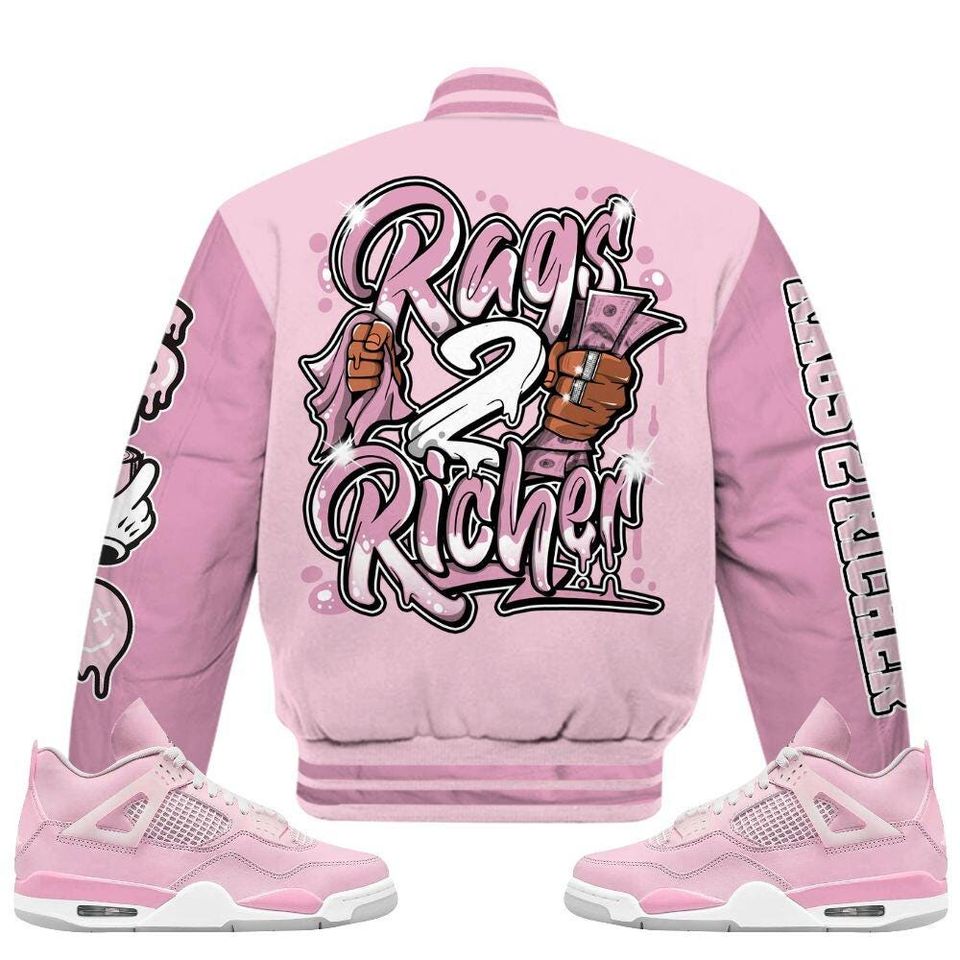 Orchid 4s Varsity Jacket, Streetwear Varsity Jacket, Hip Hop Varsity Jacket, Rag 2 Rich Graphic Varsity Jackets