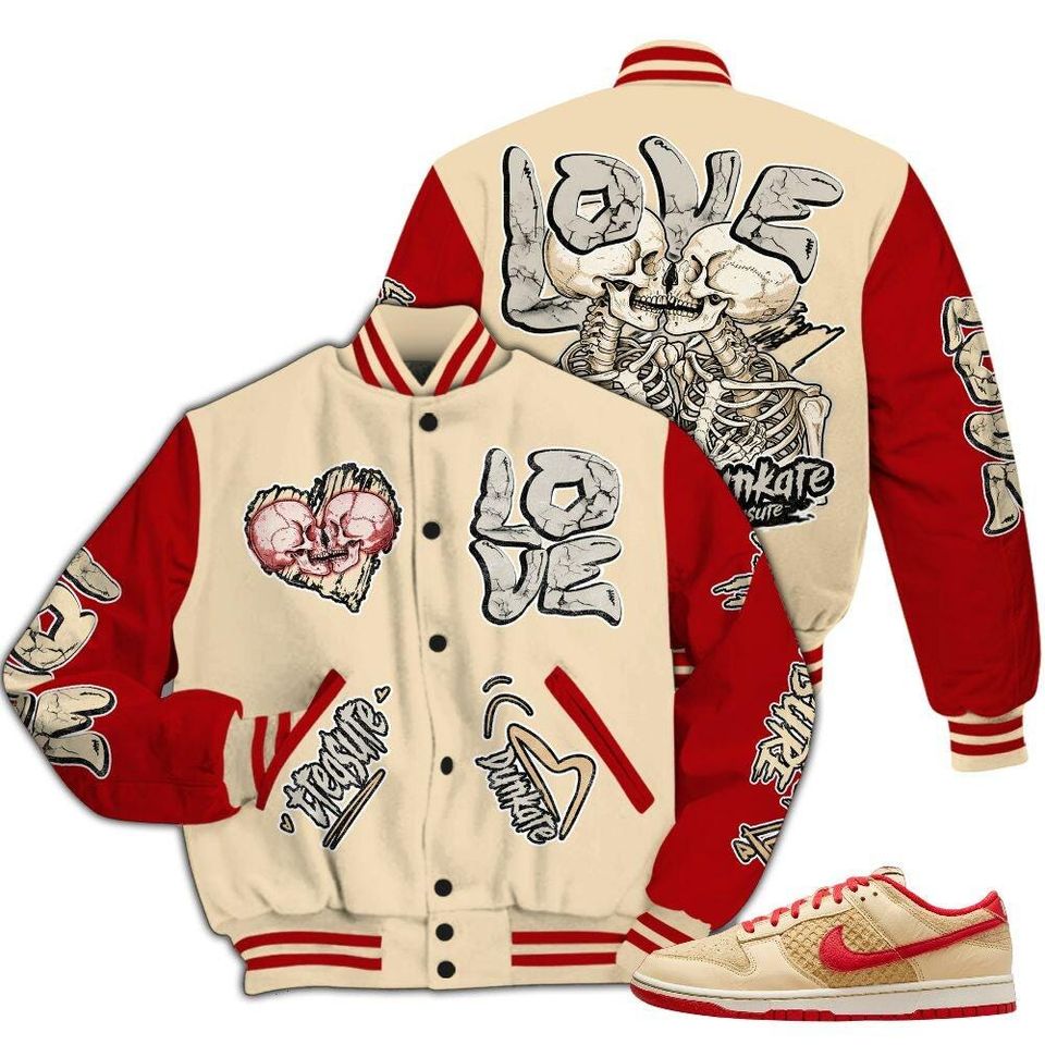 Dunk Low Strawberry Waffle Varsity Jacket, Streetwear Varsity Jacket, Hip Hop Varsity Jacket, Skull Love Varsity Jackets
