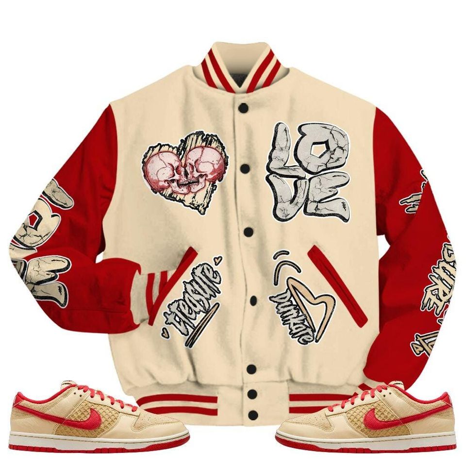 Dunk Low Strawberry Waffle Varsity Jacket, Streetwear Varsity Jacket, Hip Hop Varsity Jacket, Skull Love Varsity Jackets