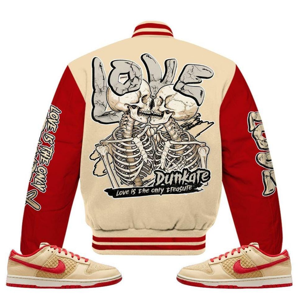 Dunk Low Strawberry Waffle Varsity Jacket, Streetwear Varsity Jacket, Hip Hop Varsity Jacket, Skull Love Varsity Jackets