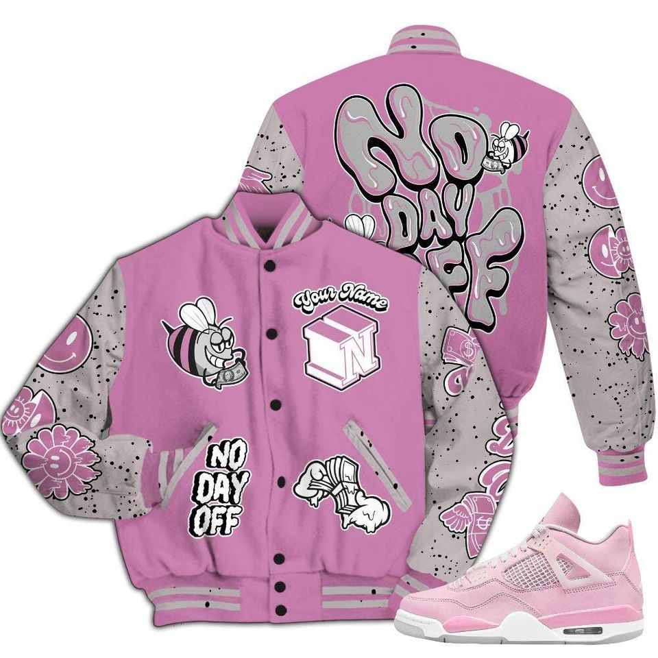 Neutral Grey Black White Orchid 4s Varsity Jacket, Streetwear Varsity Jacket, Hip Hop Varsity Jacket, No Day Off Graphic Custom Name Varsity Jackets