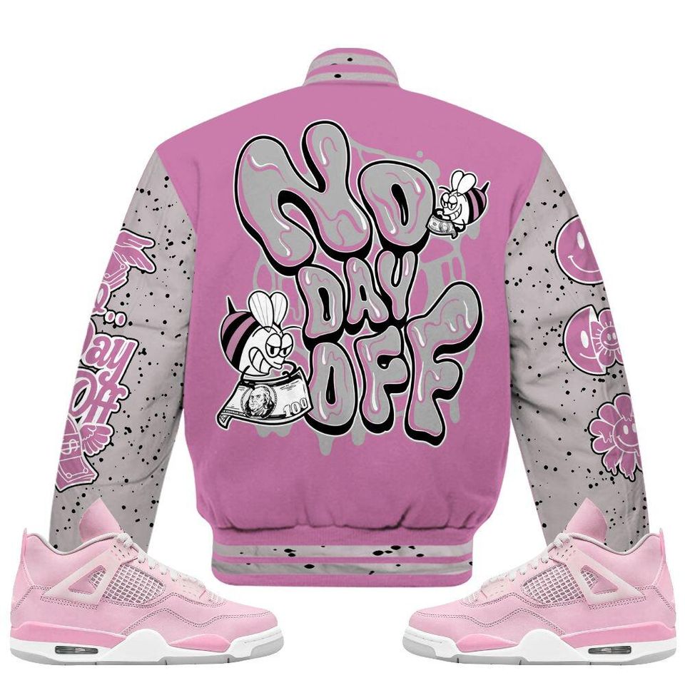 Neutral Grey Black White Orchid 4s Varsity Jacket, Streetwear Varsity Jacket, Hip Hop Varsity Jacket, No Day Off Graphic Custom Name Varsity Jackets