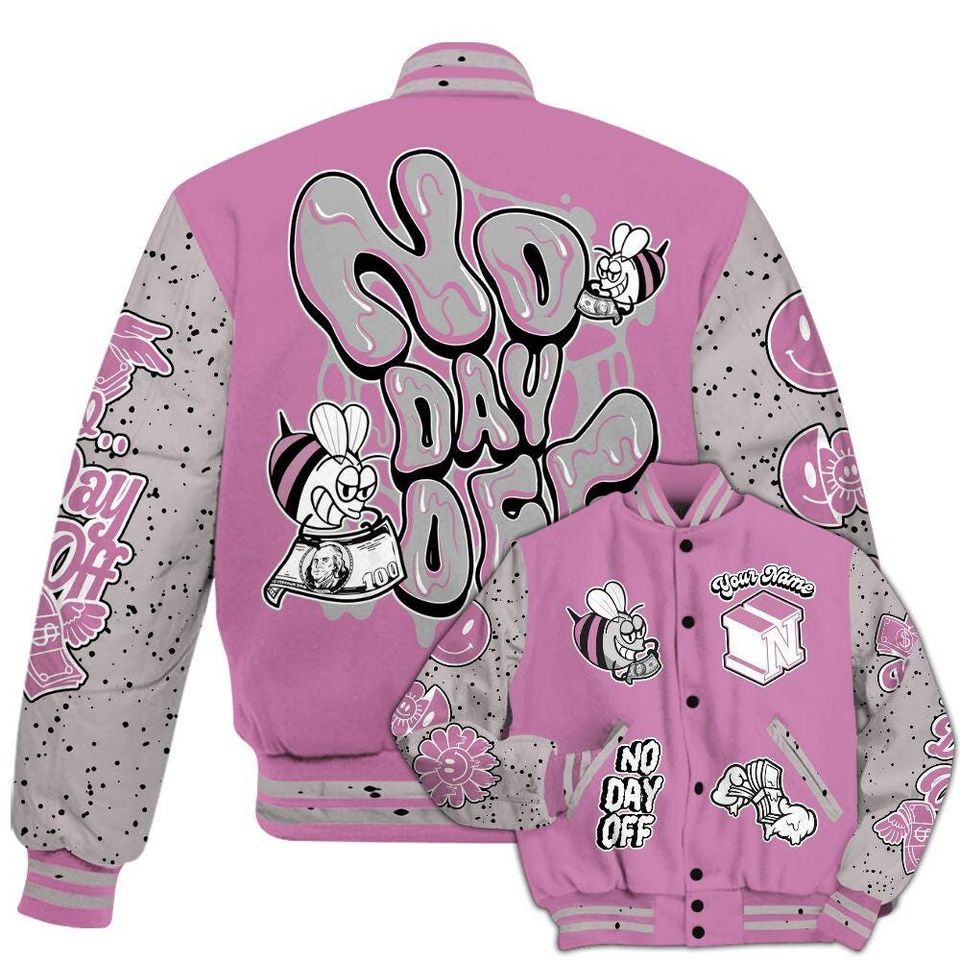 Neutral Grey Black White Orchid 4s Varsity Jacket, Streetwear Varsity Jacket, Hip Hop Varsity Jacket, No Day Off Graphic Custom Name Varsity Jackets