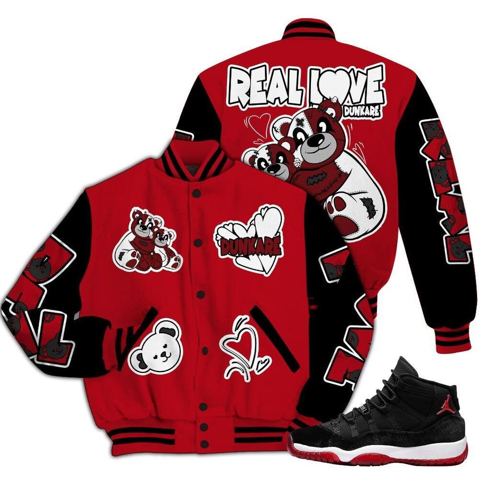 Bred Velvet 11s Varsity Jacket, Streetwear Varsity Jacket, Hip Hop Varsity Jacket, Sincere Fondness Bear Varsity Jackets