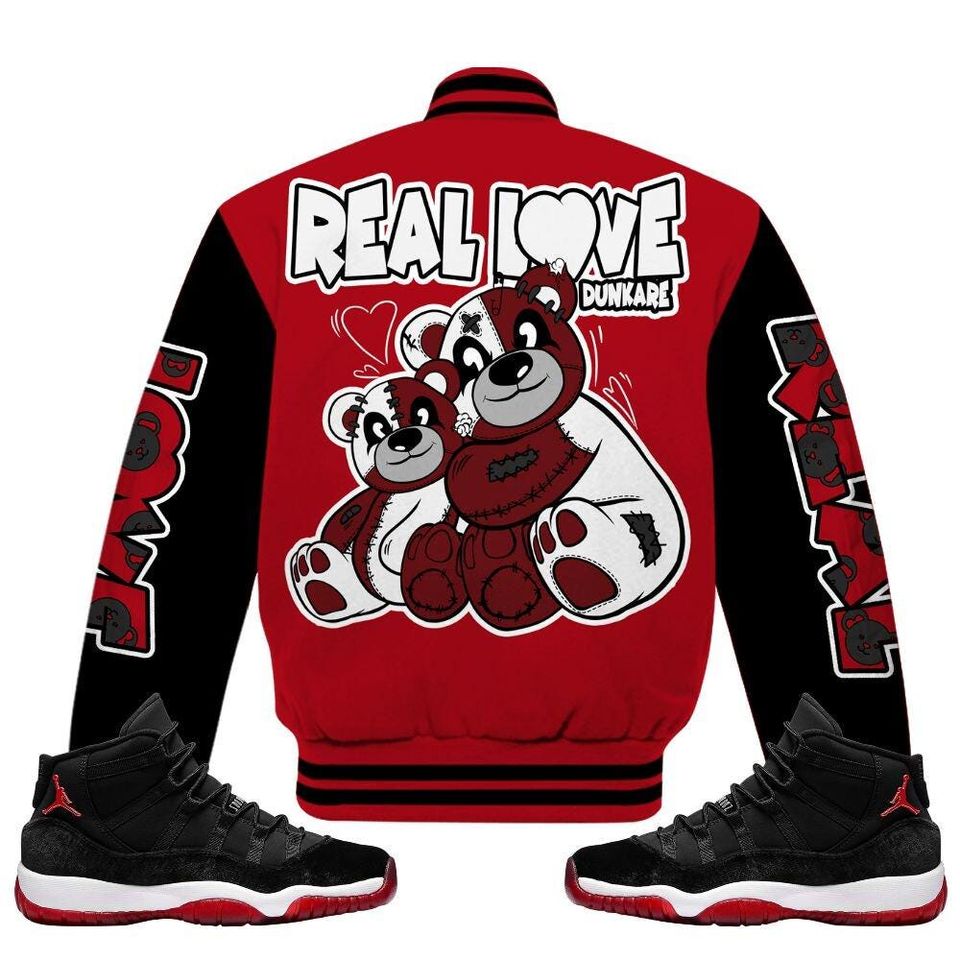 Bred Velvet 11s Varsity Jacket, Streetwear Varsity Jacket, Hip Hop Varsity Jacket, Sincere Fondness Bear Varsity Jackets