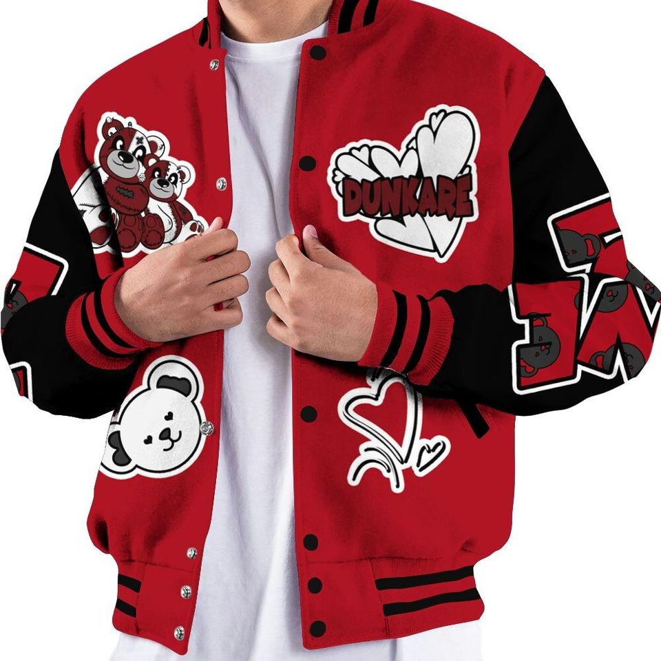 Bred Velvet 11s Varsity Jacket, Streetwear Varsity Jacket, Hip Hop Varsity Jacket, Sincere Fondness Bear Varsity Jackets