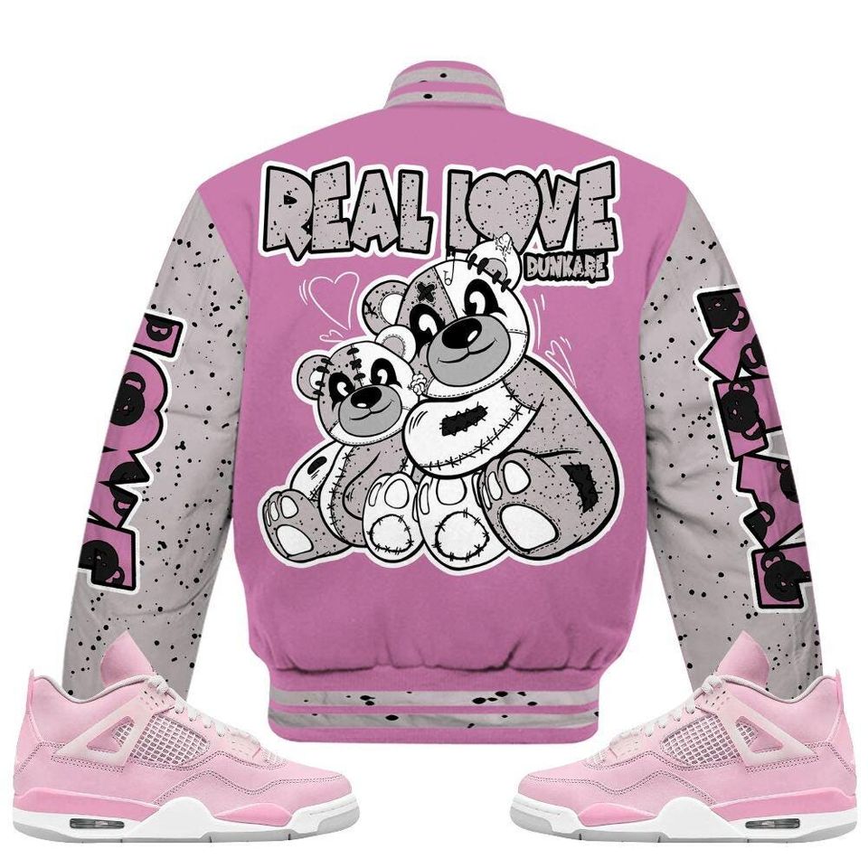 Neutral Grey Black White Orchid 4s Varsity Jacket, Streetwear Varsity Jacket, Hip Hop Varsity Jacket, Sincere Fondness Bear Varsity Jackets