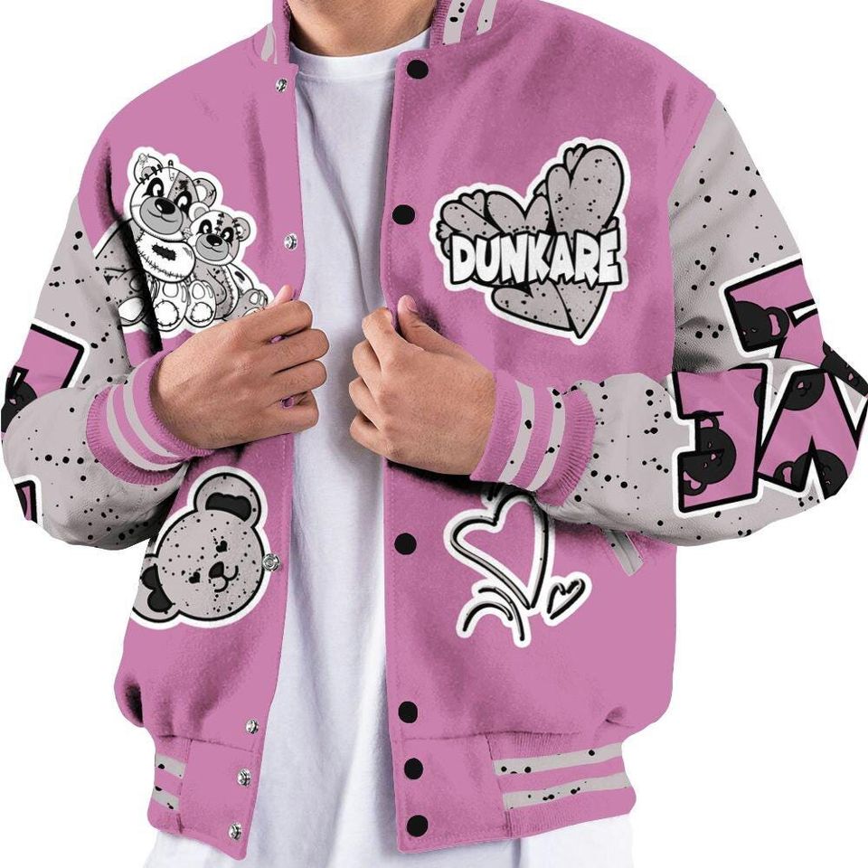 Neutral Grey Black White Orchid 4s Varsity Jacket, Streetwear Varsity Jacket, Hip Hop Varsity Jacket, Sincere Fondness Bear Varsity Jackets