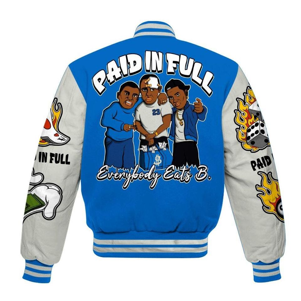 Blueberry 12s Varsity Jacket, Streetwear Varsity Jackets, Everybody Paid In Full Graphic Varsity Jacket
